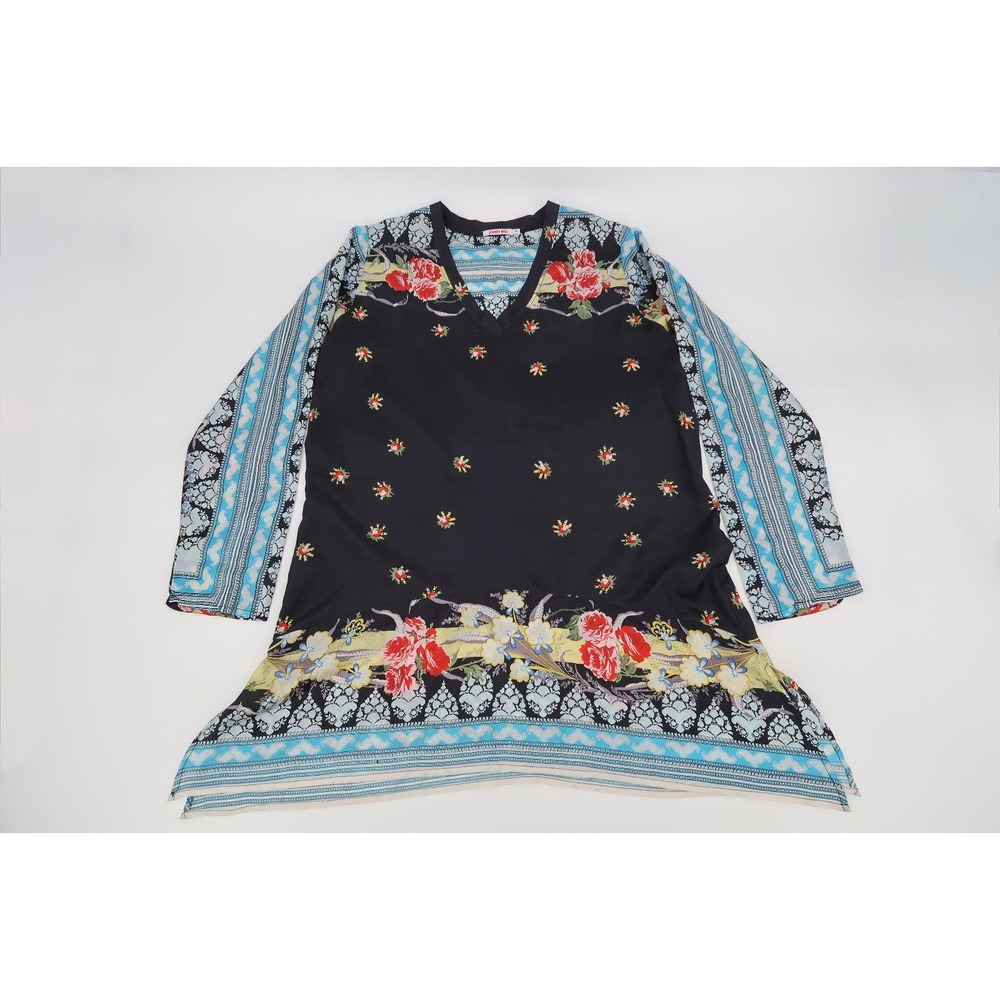 Johnny Was Women's XS Fiesta Tunic 100% Silk Black Multicolor Floral Long Sleeve